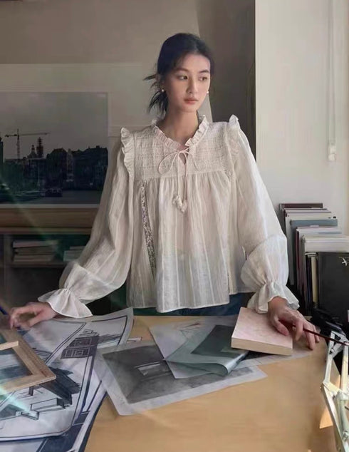 Women Vintage Ruffle Tie Latern Flare Sleeves Tops
